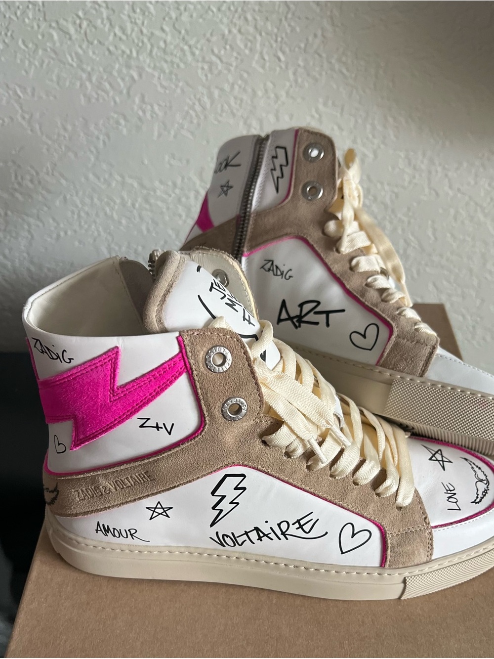 Zadig & Voltaire White, Pink & Beige High-Top Sneakers with Graffiti Accents